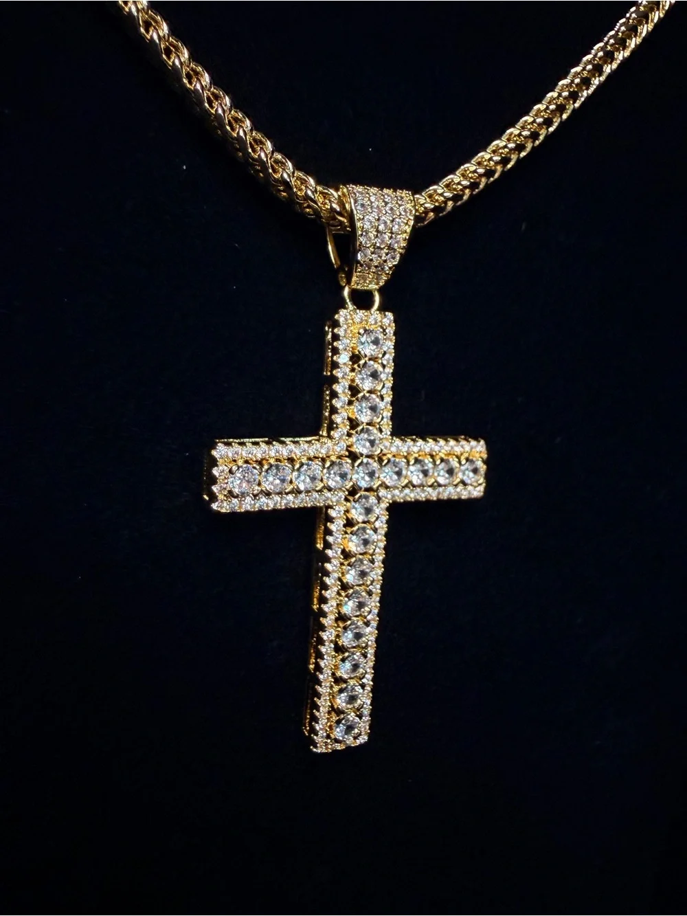 Iced Out Moissanite cross pendant 2.5in w/iced bell 14k gold finish (cross only)